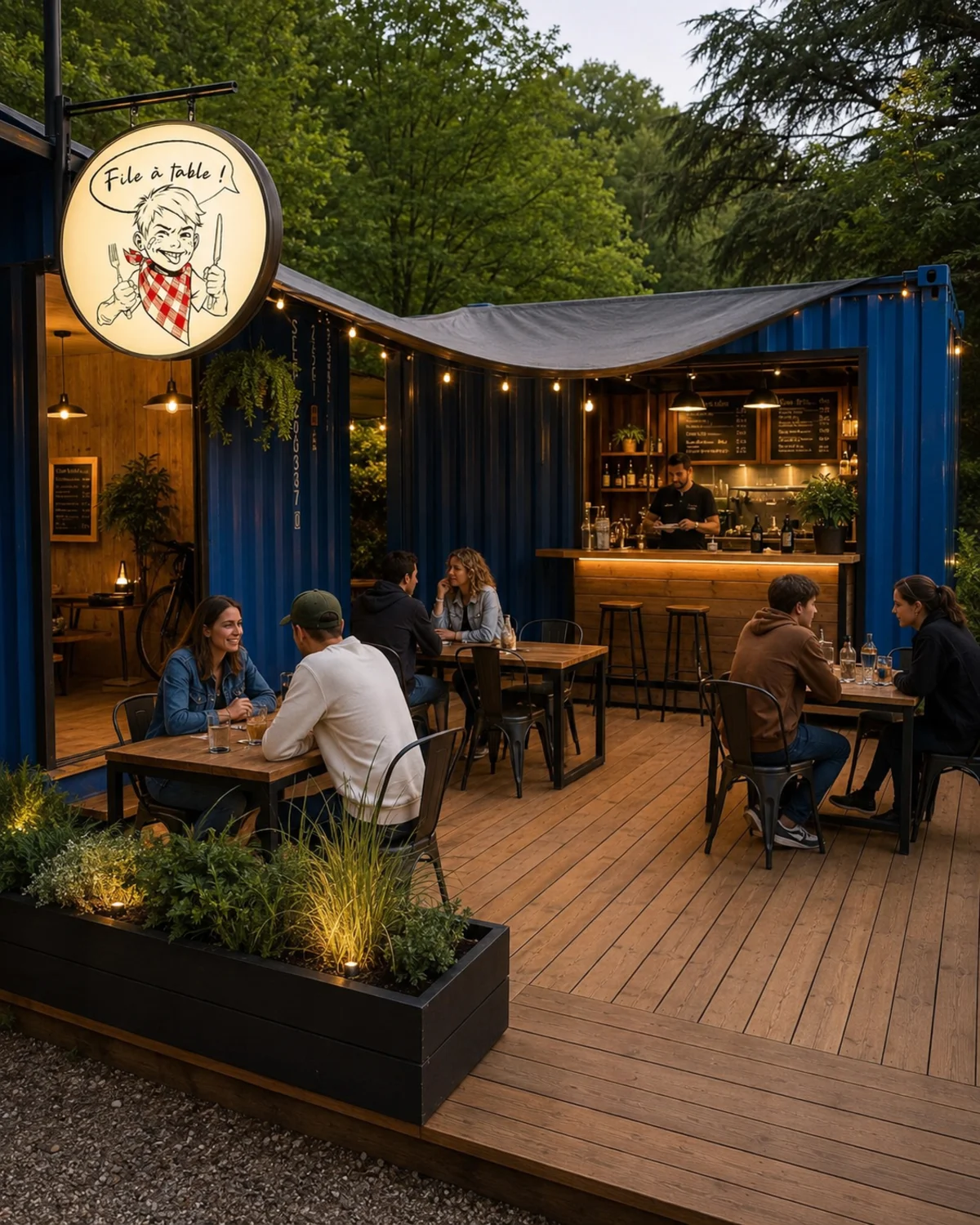 Le bar de File à table, intérieur en bois et bleu profond