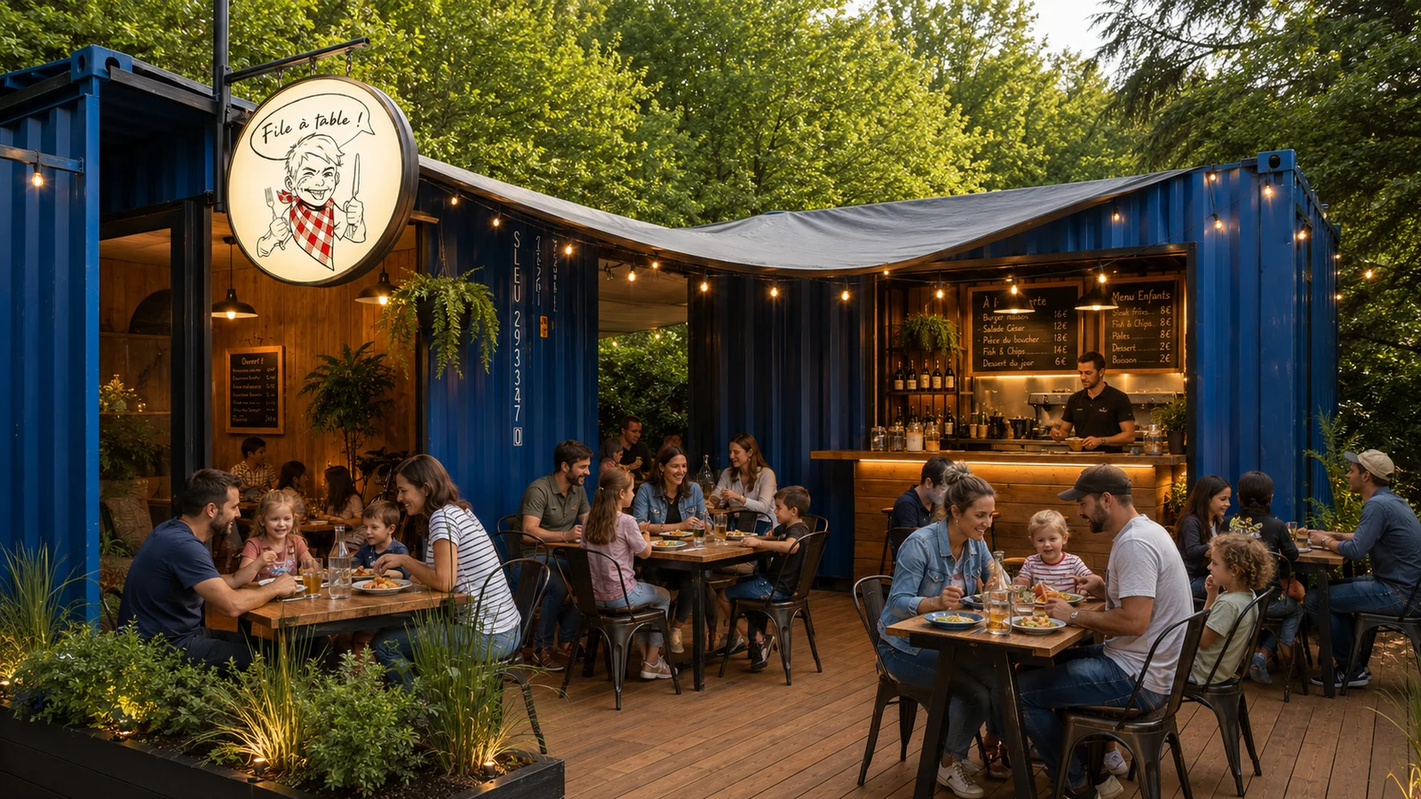 La terrasse de File à table, containers bleus et tablées en famille à Colombier-le-Vieux